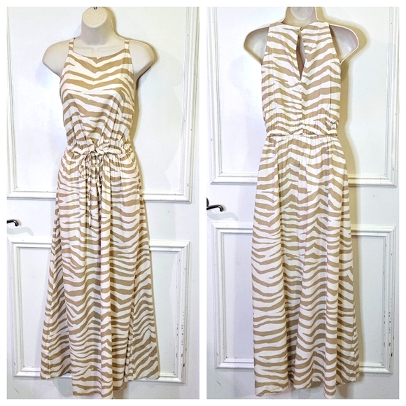 LOFT Tan & Cream Tiger Stripe Sleeveless Midi/Maxi Dress, Medium - Picture 13 of 16